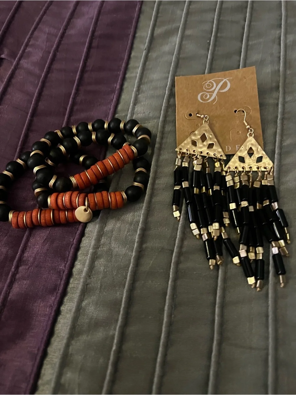 Plunder Gold-Tone Triangle Fringe Earrings with Black and Gold Beads